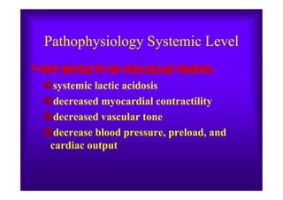 Pathophysiology Systemic Level
•Net results of cellular shock:
systemic lactic acidosis
decreased myocardial contractilitydecreased myocardial contractility
decreased vascular tone
decrease blood pressure, preload, and
cardiac output
 