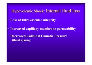 Hypovolemic Shock: Internal fluid loss
• Loss of Intravascular integrity
• Increased capillary membrane permeability
• Decreased Colloidal Osmotic Pressure
(third spacing)
 