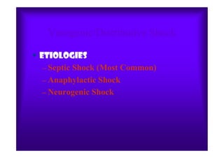 Vasogenic/Distributive ShockVasogenic/Distributive Shock
• Etiologies
– Septic Shock (Most Common)
– Anaphylactic Shock– Anaphylactic Shock
– Neurogenic Shock
 