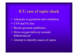 ICU care of septic shock
• Adequate oxygenation and ventilation
• CVP and PA line
• Broad spectrum antibiotics• Broad spectrum antibiotics
• Drive oxygen delivery towards
600ml/min/m2
• Attempt to identify source of sepsis
 