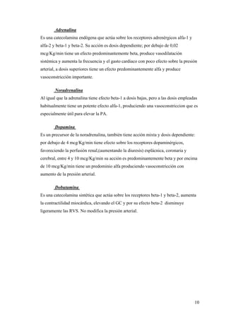 10
Adrenalina
Es una catecolamina endógena que actúa sobre los receptores adrenérgicos alfa-1 y
alfa-2 y beta-1 y beta-2. Su acción es dosis dependiente; por debajo de 0,02
mcg/Kg/min tiene un efecto predominantemente beta, produce vasodilatación
sistémica y aumenta la frecuencia y el gasto cardiaco con poco efecto sobre la presión
arterial, a dosis superiores tiene un efecto predominantemente alfa y produce
vasoconstricción importante.
Noradrenalina
Al igual que la adrenalina tiene efecto beta-1 a dosis bajas, pero a las dosis empleadas
habitualmente tiene un potente efecto alfa-1, produciendo una vasoconstriccion que es
especialmente útil para elevar la PA.
Dopamina
Es un precursor de la noradrenalina, también tiene acción mixta y dosis dependiente:
por debajo de 4 mcg/Kg/min tiene efecto sobre los receptores dopaminérgicos,
favoreciendo la perfusión renal,(aumentando la diuresis) esplácnica, coronaria y
cerebral, entre 4 y 10 mcg/Kg/min su acción es predominantemente beta y por encima
de 10 mcg/Kg/min tiene un predominio alfa produciendo vasoconstricción con
aumento de la presión arterial.
Dobutamina
Es una catecolamina sintética que actúa sobre los receptores beta-1 y beta-2, aumenta
la contractilidad miocárdica, elevando el GC y por su efecto beta-2 disminuye
ligeramente las RVS. No modifica la presión arterial.
 