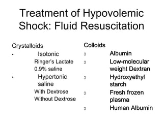 Treatment of Hypovolemic
Shock: Fluid Resuscitation
Crystalloids
• Isotonic
• Ringer’s Lactate
• 0.9% saline
• Hypertonic
saline
• With Dextrose
• Without Dextrose
Colloids
 Albumin
 Low-molecular
weight Dextran
 Hydroxyethyl
starch
 Fresh frozen
plasma
 Human Albumin
 