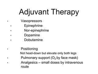 Adjuvant Therapy
• Vasopressors
• Epinephrine
• Nor-epinephrine
• Dopamine
• Dobutamine
• Positioning
• Not head-down but elevate only both legs
• Pulmonary support (O2 by face mask)
• Analgesics – small doses by intravenous
route
 
