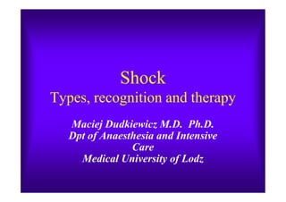 Shock
Types, recognition and therapyTypes, recognition and therapy
Maciej Dudkiewicz M.D. Ph.D.
Dpt of Anaesthesia and Intensive
Care
Medical University of Lodz
 