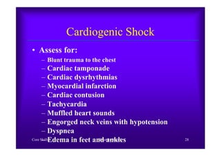 Cardiogenic Shock
• Assess for:
– Blunt trauma to the chest
– Cardiac tamponade
– Cardiac dysrhythmias
Core Skills Treat for Shock 28
– Cardiac dysrhythmias
– Myocardial infarction
– Cardiac contusion
– Tachycardia
– Muffled heart sounds
– Engorged neck veins with hypotension
– Dyspnea
– Edema in feet and ankles
 
