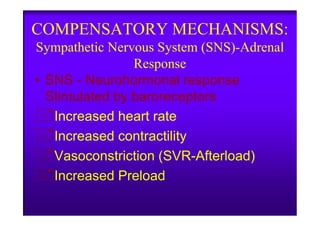 COMPENSATORY MECHANISMS:
Sympathetic Nervous System (SNS)-Adrenal
Response
• SNS - Neurohormonal response
Stimulated by baroreceptors
Increased heart rateIncreased heart rate
Increased contractility
Vasoconstriction (SVR-Afterload)
Increased Preload
 
