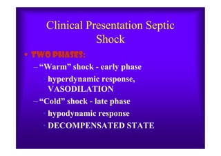 Clinical Presentation Septic
Shock
• Two phases:
– “Warm” shock - early phase
•• hyperdynamic response,hyperdynamic response,•• hyperdynamic response,hyperdynamic response,
VASODILATIONVASODILATION
– “Cold” shock - late phase
• hypodynamic response
• DECOMPENSATED STATE
 