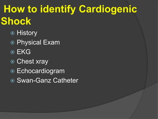 How to identify Cardiogenic
Shock
 History
 Physical Exam
 EKG
 Chest xray
 Echocardiogram
 Swan-Ganz Catheter
 
