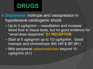 DRUGS
 Dopamine: inotrope and vasopressor in
hypotensive cardiogenic shock
 Up to 3 ug/kg/min – vasodilation and increase
blood flow to tissue beds, but no good evidence for
“renal-dose dopamine” D1 RECEPTOR
 Start at 5 ug/kg/min up to 1O ug/kg/min. Good
inotropic and chronotropic INC HR & BP (B1)
 Mild peripheral vasoconstriction beyond 10
ug/kg/min (A1)
 