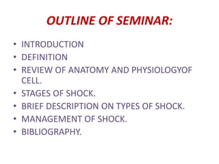 OUTLINE OF SEMINAR:
• INTRODUCTION
• DEFINITION
• REVIEW OF ANATOMY AND PHYSIOLOGYOF
CELL.
• STAGES OF SHOCK.
• BRIEF DESCRIPTION ON TYPES OF SHOCK.
• MANAGEMENT OF SHOCK.
• BIBLIOGRAPHY.
 