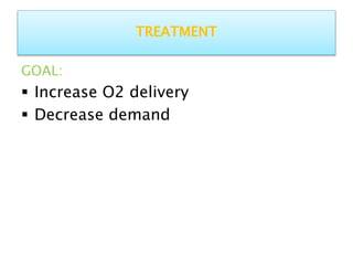 TREATMENT
GOAL:
 Increase O2 delivery
 Decrease demand
 