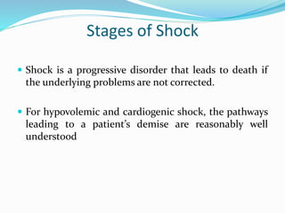 Stages of Shock
 Shock is a progressive disorder that leads to death if
the underlying problems are not corrected.
 For hypovolemic and cardiogenic shock, the pathways
leading to a patient’s demise are reasonably well
understood
 