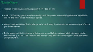 Note to Know
 Treat all hypotensive patients, especially if HR >100 or <50.
 A BP of 100mmHg systolic may be critically low if the patient is normally hypertensive (eg elderly);
use HR and other clinical markers as a guide.
 Always consider giving a fluid challenge early, particularly if you remain unclear on the type of shock
you are faced with.
 In the absence of florid evidence of failure, you are unlikely to push any adult into gross cardiac
failure with e.g. 500mL 0.9% saline IV, which should help with circulatory support while you assess
and plan further.
 