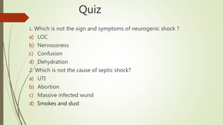 Quiz
1. Which is not the sign and symptoms of neurogenic shock ?
a) LOC
b) Nervousness
c) Confusion
d) Dehydration
2. Which is not the cause of septic shock?
a) UTI
b) Abortion
c) Massive infected wund
d) Smokes and dust
 
