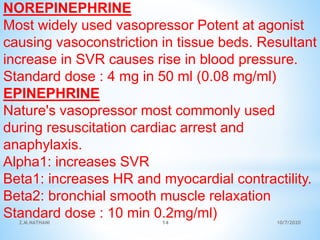 NOREPINEPHRINE
Most widely used vasopressor Potent at agonist
causing vasoconstriction in tissue beds. Resultant
increase in SVR causes rise in blood pressure.
Standard dose : 4 mg in 50 ml (0.08 mg/ml)
EPINEPHRINE
Nature's vasopressor most commonly used
during resuscitation cardiac arrest and
anaphylaxis.
Alpha1: increases SVR
Beta1: increases HR and myocardial contractility.
Beta2: bronchial smooth muscle relaxation
Standard dose : 10 min 0.2mg/ml) 10/7/2020Z.M.NATHANI 14
 