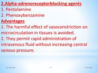 2.Alpha-adrenoreceptorblocking agents
1. Pentolamine
2. Phenoxybenzamine
Advantages
1. The harmful effect of vasoconstriction on
microcirculation in tissues is avoided.
2. They permit rapid administration of
intravenous fluid without increasing central
venous pressure.
10/7/2020Z.M.NATHANI 17
 