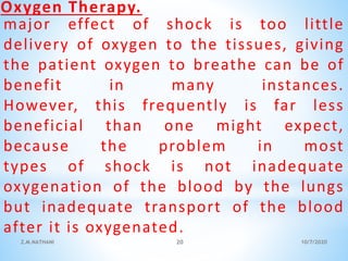 Oxygen Therapy.
major effect of shock is too little
delivery of oxygen to the tissues, giving
the patient oxygen to breathe can be of
benefit in many instances.
However, this frequently is far less
beneficial than one might expect,
because the problem in most
types of shock is not inadequate
oxygenation of the blood by the lungs
but inadequate transport of the blood
after it is oxygenated.
10/7/2020Z.M.NATHANI 20
 