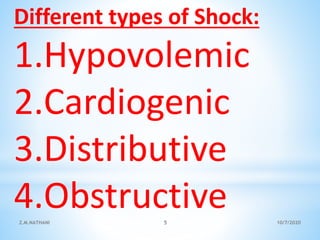 Different types of Shock:
1.Hypovolemic
2.Cardiogenic
3.Distributive
4.Obstructive 10/7/2020Z.M.NATHANI 5
 