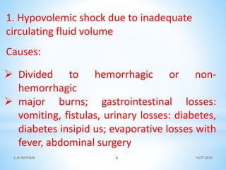 1. Hypovolemic shock due to inadequate
circulating fluid volume
Causes:
 Divided to hemorrhagic or non-
hemorrhagic
 major burns; gastrointestinal losses:
vomiting, fistulas, urinary losses: diabetes,
diabetes insipid us; evaporative losses with
fever, abdominal surgery
10/7/2020Z.M.NATHANI 6
 