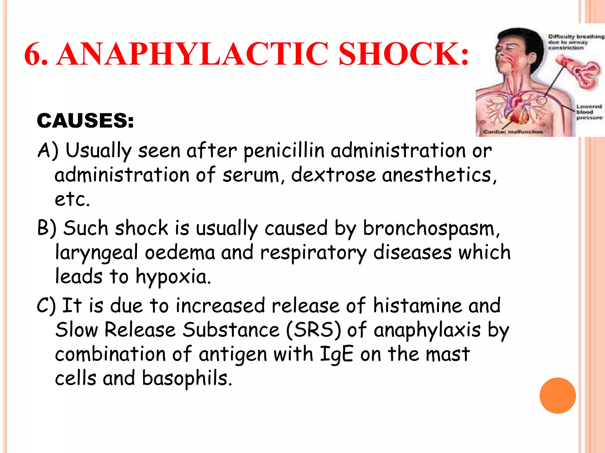 6. ANAPHYLACTIC SHOCK:
CAUSES:
A) Usually seen after penicillin administration or
administration of serum, dextrose anesthetics,
etc.
B) Such shock is usually caused by bronchospasm,
laryngeal oedema and respiratory diseases which
leads to hypoxia.
C) It is due to increased release of histamine and
Slow Release Substance (SRS) of anaphylaxis by
combination of antigen with IgE on the mast
cells and basophils.
 