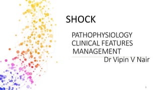 1
PATHOPHYSIOLOGY
CLINICAL FEATURES
MANAGEMENT
Dr Vipin V Nair
SHOCK
 