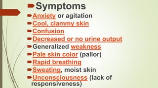 Symptoms
Anxiety or agitation
Cool, clammy skin
Confusion
Decreased or no urine output
Generalized weakness
Pale skin color (pallor)
Rapid breathing
Sweating, moist skin
Unconsciousness (lack of
responsiveness)
 