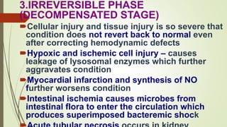 3.IRREVERSIBLE PHASE
(DECOMPENSATED STAGE)
Cellular injury and tissue injury is so severe that
condition does not revert back to normal even
after correcting hemodynamic defects
Hypoxic and ischemic cell injury – causes
leakage of lysosomal enzymes which further
aggravates condition
Myocardial infarction and synthesis of NO
further worsens condition
Intestinal ischemia causes microbes from
intestinal flora to enter the circulation which
produces superimposed bacteremic shock
 