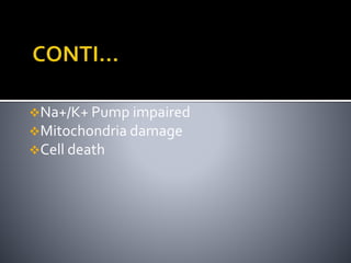 Na+/K+ Pump impaired
Mitochondria damage
Cell death
 