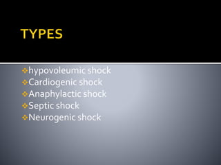 hypovoleumic shock
Cardiogenic shock
Anaphylactic shock
Septic shock
Neurogenic shock
 