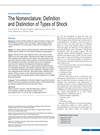 M E D I C I N E
Continuing Medical Education
The Nomenclature, Definition
and Distinction of Types of Shock
Thomas Standl, Thorsten Annecke, Ingolf Cascorbi, Axel R. Heller,
Anton Sabashnikov, Wolfram Teske
Summary
Background: A severe mismatch between the supply and demand of oxygen is the
common feature of all types of shock. We present a newly developed, clinically
oriented classification of the various types of shock and their therapeutic impli-
cations.
Methods: This review is based on pertinent publications (1990–2018) retrieved by a
selective search in PubMed, and on the relevant guidelines and meta-analyses.
Results: There are only four major categories of shock, each of which is mainly
related to one of four organ systems. Hypovolemic shock relates to the blood and
fluids compartment while distributive shock relates to the vascular system; cardio-
genic shock arises from primary cardiac dysfunction; and obstructive shock arises
from a blockage of the circulation. Hypovolemic shock is due to intravascular
volume loss and is treated by fluid replacement with balanced crystalloids.
Distributive shock, on the other hand, is a state of relative hypovolemia resulting
from pathological redistribution of the absolute intravascular volume and is treated
with a combination of vasoconstrictors and fluid replacement. Cardiogenic shock is
due to inadequate function of the heart, which shall be treated, depending on the
situation, with drugs, surgery, or other interventional procedures. In obstructive
shock, hypoperfusion due to elevated resistance shall be treated with an immediate
life-saving intervention.
Conclusion: The new classification is intended to facilitate the goal-driven treatment
of shock in both the pre-hospital and the inpatient setting. A uniform treatment strat-
egy should be established for each of the four types of shock.
Cite this as:
Standl T, Annecke T, Cascorbi I, Heller AR, Sabashnikov A, Teske W:
The nomenclature, definition and distinction of types of shock.
Dtsch Arztebl Int 2018; 115: 757–68. DOI: 10.3238/arztebl.2018.0757
Department of Anesthesiology, Intensive and Palliative Care Medicine, Städtisches Klinikum
Solingen gGmbH: Prof. Dr. med. Thomas Standl, MHBA
Department of Anesthesiology and Intensive Care Medicine, University Hospital of Cologne:
Prof. Dr. med. Thorsten Annecke, DESA
Institute of Clinical and Experimental Pharmacology at the University Medical Center Schleswig-
Holstein, Campus Kiel: Prof. Dr. med. Dr. rer. nat. Ingolf Cascorbi
Surgical Center/Emergency Department, Department of Anesthesiology and Intensive Care, Univer-
sity Hospital Carl Gustav Carus, Technische Universität Dresden: Prof. Dr. med. Axel R. Heller, MBA,
DEAA
Department of Cardiothoracic Surgery, Cardiac Center, University Hospital of Cologne:
PD Dr. med. Anton Sabashnikov
Department of Orthopedics and Trauma Surgery, Kath. Krankenhaus Hagen gGmbH:
PD Dr. med. Wolfram Teske
I
n the first descriptions of shock the focus was
exclusively on traumatic hemorrhagic shock, but later
this changed and five different types of shock came to
be distinguished (1). Although it is true that all types of
shock can lead to the same final stage of multiorgan
failure as a result of the imbalance between oxygen de-
mand and supply, the differences in their pathogenesis
and pathophysiology make it desirable to change their
classification, partly for teaching purposes, but also,
especially, because different therapeutic measures are
needed for the different types of shock. The new classifi-
cation makes no claim to be binding, and the therapeutic
effects are as a rule limited primarily to restoration of
vital functions, in particular cardiovascular function con-
sistent with survival.
For the reasons given above, the new classification
comprises just four main categories:
● Hypovolemic shock
● Distributive shock
● Cardiogenic shock
● Obstructive shock.
Of these, hypovolemic shock is divided into four
subcategories and distributive shock into three. Ob-
structive shock has been given a category of its own.
Although this nomenclature and classification is
schematic and there is some overlapping between the
main groups, these four main groups can be basically
assigned to four organ systems (Figure 1) that, owing
to differences in their pathogenesis and pathophysiol-
ogy, require group-specific—or, in other words,
organ-specific—treatment (Figure 2):
● Blood and fluids compartment
● Vascular system
● Heart
● Circulatory system.
Because of the difficulty of carrying out prospec-
tive randomized studies in shock patients, the
recommendations for treatment are based largely on
guidelines and registry studies. If available, the
Classification of types of shock
• Hypovolemic shock
• Distributive shock
• Cardiogenic shock
• Obstructive shock
Deutsches Ärzteblatt International | Dtsch Arztebl Int 2018; 115: 757–68 757
 