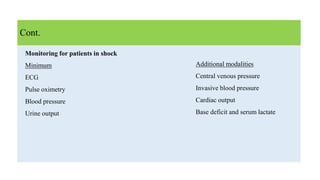 Additional modalities
Central venous pressure
Invasive blood pressure
Cardiac output
Base deficit and serum lactate
Cont.
Monitoring for patients in shock
Minimum
ECG
Pulse oximetry
Blood pressure
Urine output
 