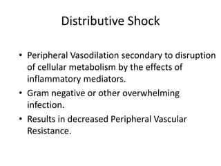 Distributive Shock
• Peripheral Vasodilation secondary to disruption
of cellular metabolism by the effects of
inflammatory mediators.
• Gram negative or other overwhelming
infection.
• Results in decreased Peripheral Vascular
Resistance.
 