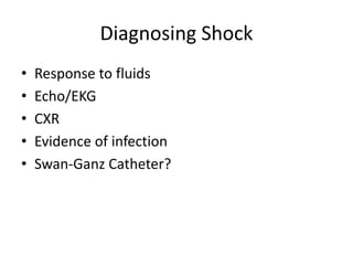 Diagnosing Shock
• Response to fluids
• Echo/EKG
• CXR
• Evidence of infection
• Swan-Ganz Catheter?
 