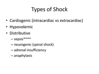 Types of Shock
• Cardiogenic (intracardiac vs extracardiac)
• Hypovolemic
• Distributive
– sepsis****
– neurogenic (spinal shock)
– adrenal insufficiency
– anaphylaxis
 
