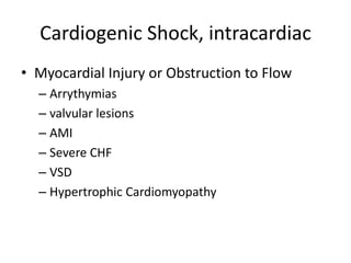 Cardiogenic Shock, intracardiac
• Myocardial Injury or Obstruction to Flow
– Arrythymias
– valvular lesions
– AMI
– Severe CHF
– VSD
– Hypertrophic Cardiomyopathy
 