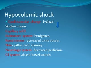 Hypovolemic shock
 Cardiovascular change- Preload
Stroke volume.
Capillary refill .
Pulmonary system- bradypnea.
Renal system- decreased urine output.
Skin- pallor ,cool, clammy .
Neurologic system- decreased perfusion.
GI system- absent bowel sounds.
 