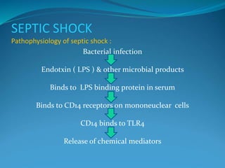 SEPTIC SHOCK
Pathophysiology of septic shock :
Bacterial infection
Endotxin ( LPS ) & other microbial products
Binds to LPS binding protein in serum
Binds to CD14 receptors on mononeuclear cells
CD14 binds to TLR4
Release of chemical mediators
 