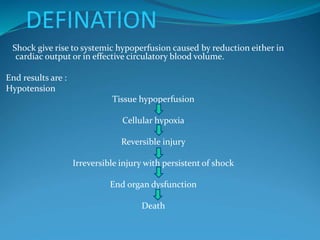 DEFINATION
Shock give rise to systemic hypoperfusion caused by reduction either in
cardiac output or in effective circulatory blood volume.
End results are :
Hypotension
Tissue hypoperfusion
Cellular hypoxia
Reversible injury
Irreversible injury with persistent of shock
End organ dysfunction
Death
 
