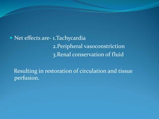  Net effects are- 1.Tachycardia
2.Peripheral vasoconstriction
3.Renal conservation of fluid
Resulting in restoration of circulation and tissue
perfusion.
 