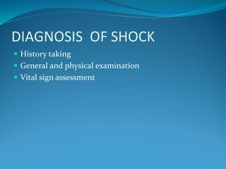 DIAGNOSIS OF SHOCK
 History taking
 General and physical examination
 Vital sign assessment
 