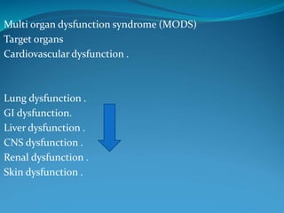 Multi organ dysfunction syndrome (MODS)
Target organs
Cardiovascular dysfunction .
Lung dysfunction .
GI dysfunction.
Liver dysfunction .
CNS dysfunction .
Renal dysfunction .
Skin dysfunction .
 