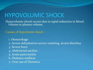 HYPOVOLUMIC SHOCK
Hypovolumic shock occurs due to rapid reduction in blood
volume or plasma volume.
Causes of hypovlumic shock :
1. Hemorrhage
2. Severe dehydration-severe vomiting, severe diarrhea
3. Severe burn
4. Abdominal ascities
5. Acute pancreatitis
6. Diabetes mellitus
7. Over use of Diuretics
 