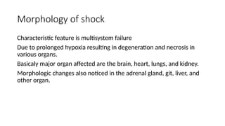 Morphology of shock
Characteristic feature is multisystem failure
Due to prolonged hypoxia resulting in degeneration and necrosis in
various organs.
Basicaly major organ affected are the brain, heart, lungs, and kidney.
Morphologic changes also noticed in the adrenal gland, git, liver, and
other organ.
 