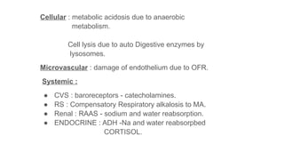 Cellular : metabolic acidosis due to anaerobic
metabolism.
Cell lysis due to auto Digestive enzymes by
lysosomes.
Microvascular : damage of endothelium due to OFR.
Systemic :
● CVS : baroreceptors - catecholamines.
● RS : Compensatory Respiratory alkalosis to MA.
● Renal : RAAS - sodium and water reabsorption.
● ENDOCRINE : ADH -Na and water reabsorpbed
CORTISOL.
 
