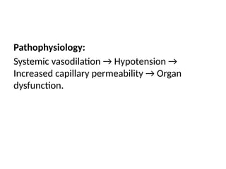 Pathophysiology:
Systemic vasodilation → Hypotension →
Increased capillary permeability → Organ
dysfunction.
 