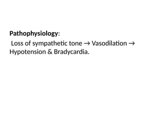 Pathophysiology:
Loss of sympathetic tone → Vasodilation →
Hypotension & Bradycardia.
 