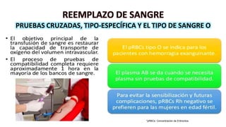 REEMPLAZO DE SANGRE
PRUEBAS CRUZADAS, TIPO-ESPECÍFICA Y EL TIPO DE SANGRE O
*pRBCs: Concentración de Eritrocitos
 
