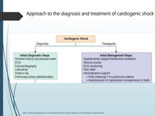 Approach to the diagnosis and treatment of cardiogenic shock
CABG = coronary artery bypass graft; E CG = electrocardiogram; IA BP = intra-aortic balloon pump; PCI = percutaneous coronary intervention.
 