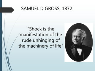 SAMUEL D GROSS, 1872
“Shock is the
manifestation of the
rude unhinging of
the machinery of life”
 