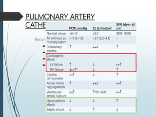 PULMONARY ARTERY
CATHETERIZATION
Recommended for
 measurement of filling pressures
 cardiac output
 to confirm the diagnosis
 and to optimize the use of IV fluids, inotropic agents, and
vasopressors in persistent shock.
 